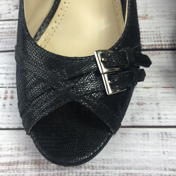 EUC Black heels, faux snakeskin, peep toe with buckles. Size 7. - Picture 8 of 11